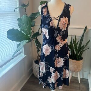Espresso Navy Floral Sleeveless V-Neck Dress with Blush Flowers